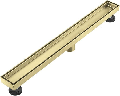 Linear Shower Floor Drain, Brushed Gold 28 Inch 304 Stainless Steel Bathroom Drains Kit, Rectangular Shower Trench Drain with Reversable Tile-in Pattern Drain Cover & Hair Catcher