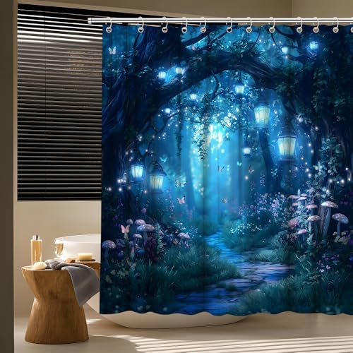 Fantasy Forest Path Shower Curtain Blue Fairy Magical Enchanted Misty Jungle Mushroom Floral Tree Butterfly Lantern Wonderland Bath Curtain Fabric Bathroom Accessories Decor with Hooks 75W x70L