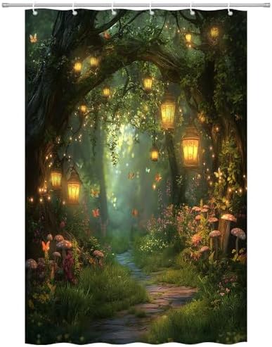 Fantasy Forest Shower Curtain Fairy Magical Enchanted Misty Jungle Mushroom Floral Tree Butterfly Lantern Wonderland Bath Curtain Fabric Bathroom Accessories Decor with Hooks 47W x63L