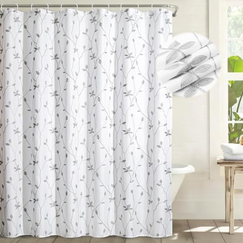 Embroidered Leaf Farmhouse Shower Curtain,Faux Linen,72Wx72L,White Grey