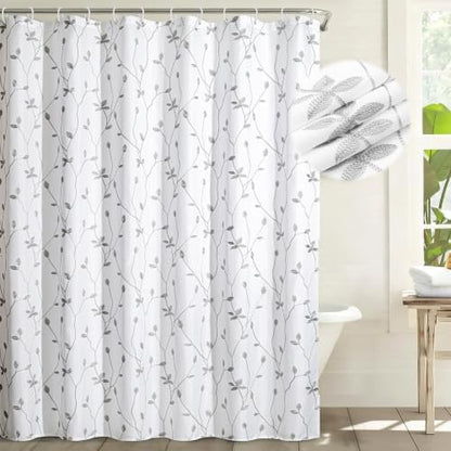 Embroidered Leaf Farmhouse Shower Curtain,Faux Linen,72Wx72L,White Grey