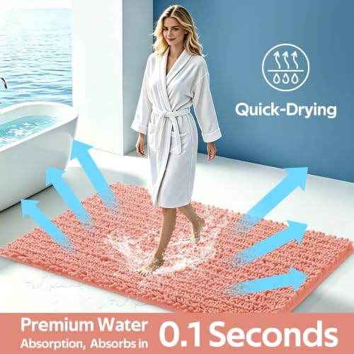 ACCUMTEK Upgrade Extra Large Coral Bathroom Rug Set 3 Pieces Ultra Soft, Thick Absorbent Bath Mats, Non Slip Chenille Toilet Mat for Bathroom, Bedroom, Kitchen