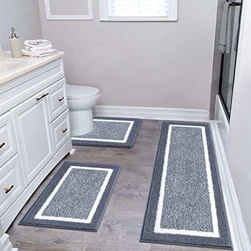 Pauwer Bathroom Rugs 3 Piece Set, Non Slip Washable Bath Mat, Dark Grey