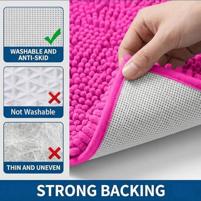 Bathroom Rugs Sets 2 Piece,Super Absorbent Chenille Bath Mats and U-Shaped Toilet Rug,Strong PVC Non Slip Backing,Microfiber Washable Dry Quickly Bath Mats for Bathroom(20"x32"+20"x20"U,Hot Pink)