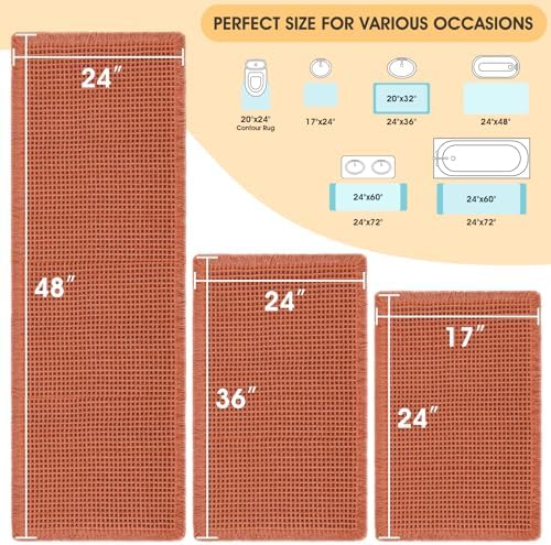 IM HOME Waffle Bath Mat Set 3 Piece Burnt Orange,Woven Modern Bath Rug Mats, Absorbent Non Slip Bath Floor Mat, Soft Washable Boho Bath Rugs with Tassels for Bathroom, Bedroom, Kitchen, Tub