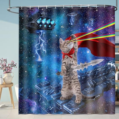 Aimego Funny Cat Shower Curtains for Bathroom - Cool Cute Cat on Fantasy Outer Space Galaxy Universe UFO Fun Shower Curtain Set with 12 Hooks for Adults Kids Bathroom Decor Accessories, 72"x72"