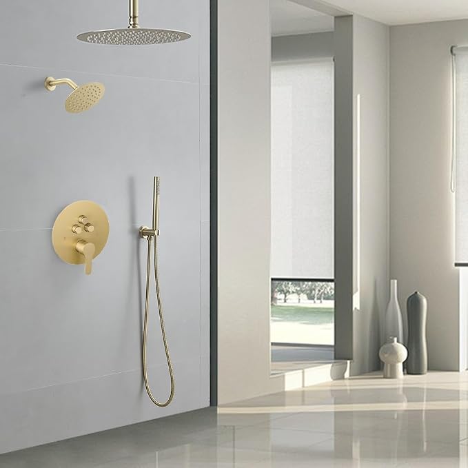 Shower Faucet Set Brushed Gold 12 Inch Round Ceiling Mount Rainfall Shower System with 2 Rain Shower Head and Handheld Head Push Button Diverter Shower Trim Kit and Rough-in Valve Body
