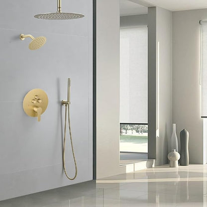 Shower Faucet Set Brushed Gold 12 Inch Round Ceiling Mount Rainfall Shower System with 2 Rain Shower Head and Handheld Head Push Button Diverter Shower Trim Kit and Rough-in Valve Body