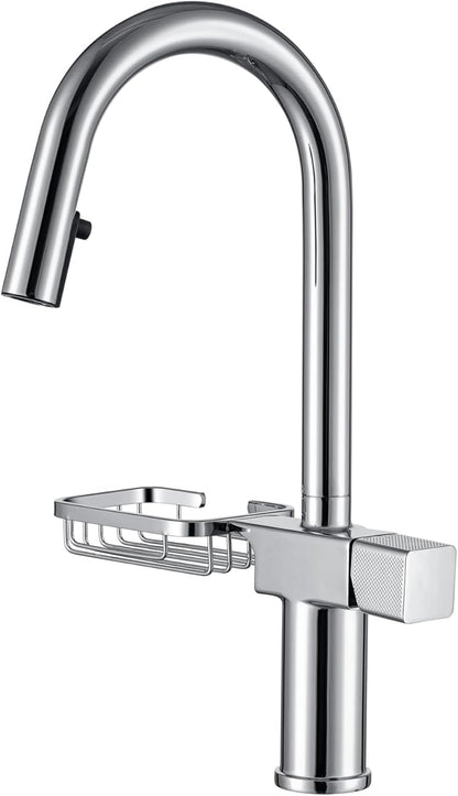 JRUIA Gold Extendable Bathroom Faucet, 360° Swivel Brass Faucet, Kitchen and Sink Mixer Tap, Modern Faucet with Soap Holder,Silver