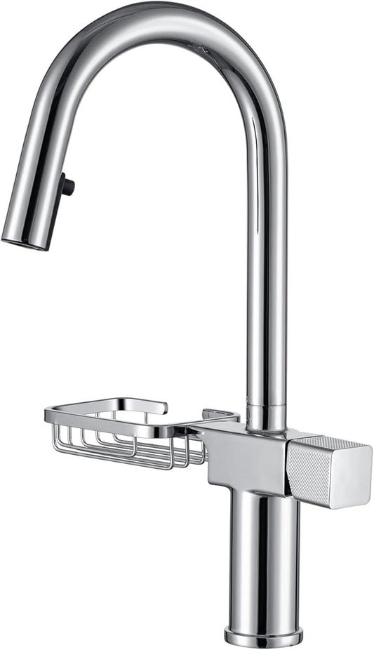 JRUIA Gold Extendable Bathroom Faucet, 360° Swivel Brass Faucet, Kitchen and Sink Mixer Tap, Modern Faucet with Soap Holder,Silver