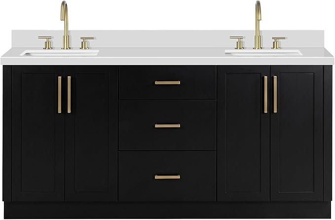 ARIEL Loren 72-inch Bathroom Vanity with Sink,Solid Wood, 1.5-inch Pure White Quartz Countertop, Double Rectangular Porcelain Sink, 4 Soft Closing Doors, 3 Dovetail Drawers, Black