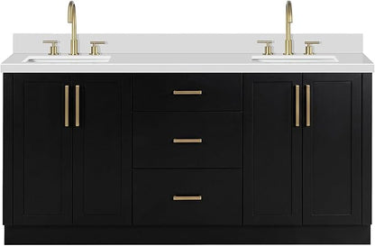 ARIEL Loren 72-inch Bathroom Vanity with Sink,Solid Wood, 1.5-inch Pure White Quartz Countertop, Double Rectangular Porcelain Sink, 4 Soft Closing Doors, 3 Dovetail Drawers, Black