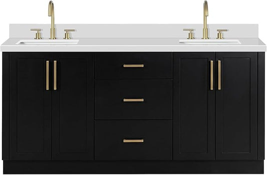 ARIEL Loren 72-inch Bathroom Vanity with Sink,Solid Wood, 1.5-inch Pure White Quartz Countertop, Double Rectangular Porcelain Sink, 4 Soft Closing Doors, 3 Dovetail Drawers, Black
