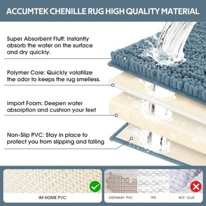 ACCUMTEK Upgrade Extra Large Haze Blue Bathroom Rug Set 3 Pieces Ultra Soft, Thick Absorbent Bath Mats, Non Slip Chenille Toilet Mat for Bathroom, Bedroom, Kitchen, Stone Blue