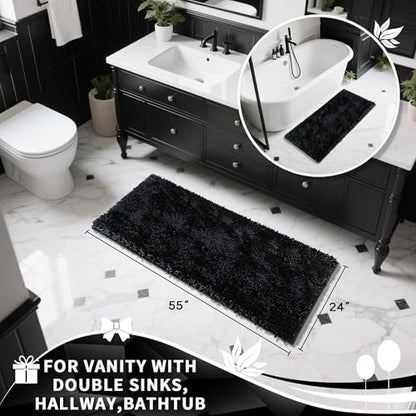 Yimobra Long Bathroom Rugs Runner 55x24 Inch, Extra Thick Soft Absorbent Chenille Bath Mat, Non Slip Machine Washable, Quick Dry Bath Rugs for Bathroom Floor, Tub and Shower, Black