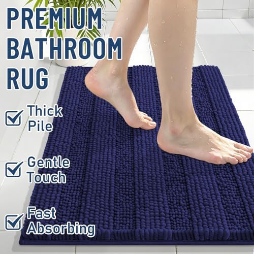 Grandaily Chenille Striped Bathroom Rugs 36x24, Extra Thick and Soft Absorbent Bath Mats, Rubber Backing, Plush Shaggy Shower Carpet, Machine Wash Dry, Bath Rug for Bathroom, Twilight Sapphire