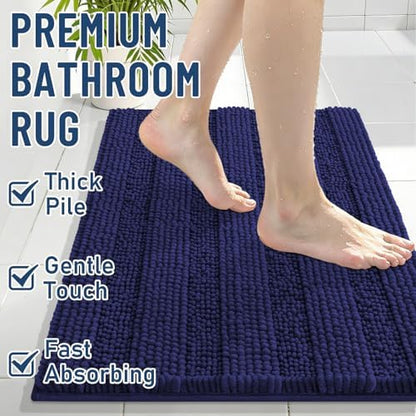Grandaily Chenille Striped Bathroom Rugs 24x16, Extra Thick and Soft Absorbent Bath Mats, Rubber Backing, Plush Shaggy Shower Carpet, Machine Wash Dry, Bath Rug for Bathroom, Twilight Sapphire