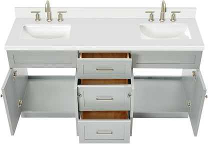 ARIEL Hamlet 66-inch Bathroom Vanity with Sink,Solid Wood, 1.5-inch Pure White Quartz Countertop & Backsplash, Double Rectangular Porcelain Sink, 4 Soft Closing Doors, 3 Dovetail Drawers, Grey