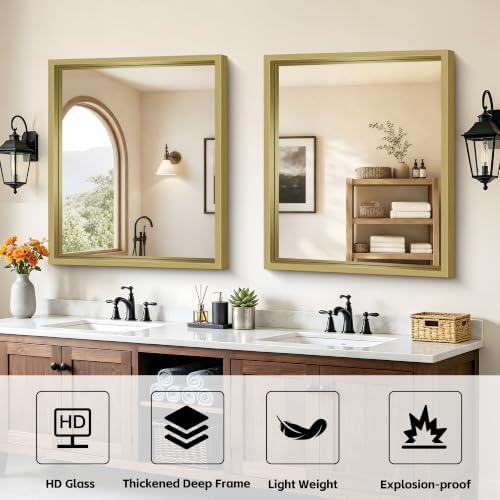 Bathroom Mirror, 30 x 36 inch Natural Wood Grain Colored Aluminum Metal Frame Bathroom Vanity Mirror, Rectangle Wall Mirror for Bedroom Living Room, Tempered Glass, Horizontal or Vertical