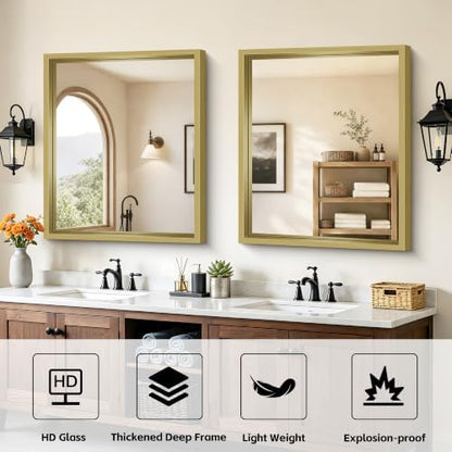 Bathroom Mirror, 30 x 36 inch Natural Wood Grain Colored Aluminum Metal Frame Bathroom Vanity Mirror, Rectangle Wall Mirror for Bedroom Living Room, Tempered Glass, Horizontal or Vertical