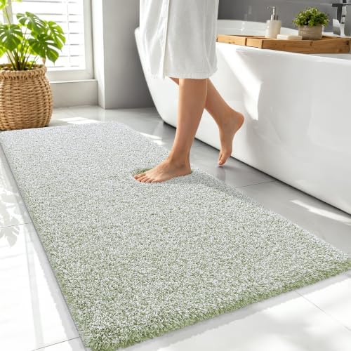 OLANLY Microfiber Bathroom Rugs 47x24, Quick Dry Mat, Sage Green and White