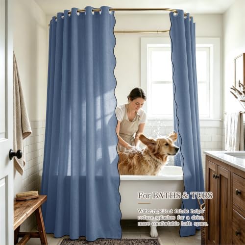 Furlinic No Hook Shower Curtain Scalloped Boho Extra Wide 78x75 Navy Blue