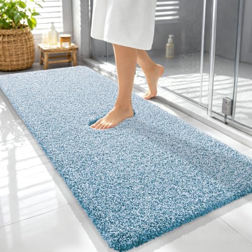 OLANLY Microfiber Soft Bathroom Rugs Mats 59x24, Peacock Blue and White