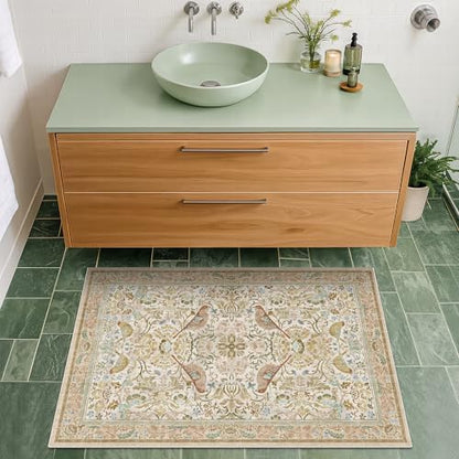 Beige Boho Bathroom Rugs 2x3 Washable Non Slip - Soft Low Pile Small Throw Rug for Entryway, Kitchen, Powder Room - Unique Farmhouse Bird & Pattern Botanical Decorative Door Mats