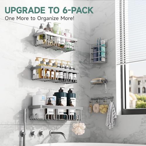 Veken Shower Caddy 6-Pack, Advanced Rustproof Design, No Drilling Adhesive Shelves, Rack with Soap Holder, Large Capacity Bathroom Organizers and Storage, Wall-Mounted Kitchen & Home Decor, Silver