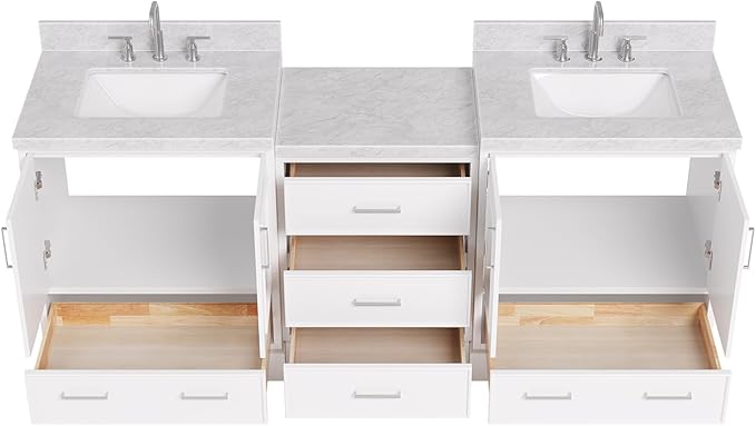 ARIEL Stafford 84-inch Bathroom Vanity with Sink,Solid Wood, 1.5in Italian Carrara Marble Countertop & Backsplash, Double Rectangular Porcelain Sink, 4 Soft Closing Doors, 5 Dovetail Drawers, White