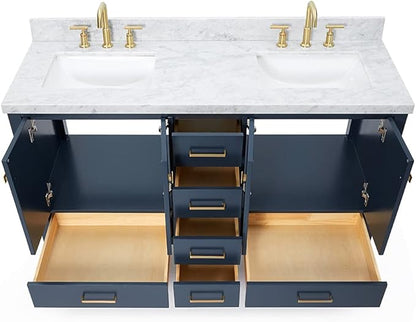 ARIEL Cambridge 60-inch Bathroom Vanity with Sink,Solid Wood, 1.5-inch Italian Carrara Marble Countertop, Double Rectangular Porcelain Sink, 4 Soft Closing Doors, 6 Dovetail Drawers, Midnight Blue