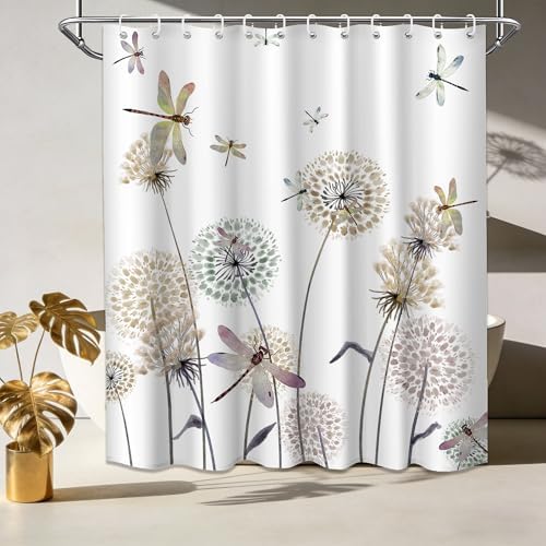 Tan Dandelion Shower Curtain Spring Dragonfly Light Brown and White Watercolor Shower Curtains for Bathroom Decor, Waterproof Cloth Fabric with Hooks 70" Wx72 L
