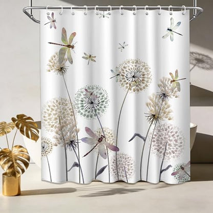 Tan Dandelion Shower Curtain Spring Dragonfly Light Brown and White Watercolor Shower Curtains for Bathroom Decor, Waterproof Cloth Fabric with Hooks 70" Wx72 L
