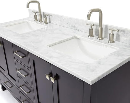 ARIEL Cambridge 60-inch Bathroom Vanity with Sink,Solid Wood, 0.75-inch Italian Carrara Marble Countertop, Double Rectangular Porcelain Sink, 4 Soft Closing Doors, 6 Dovetail Drawers, Espresso