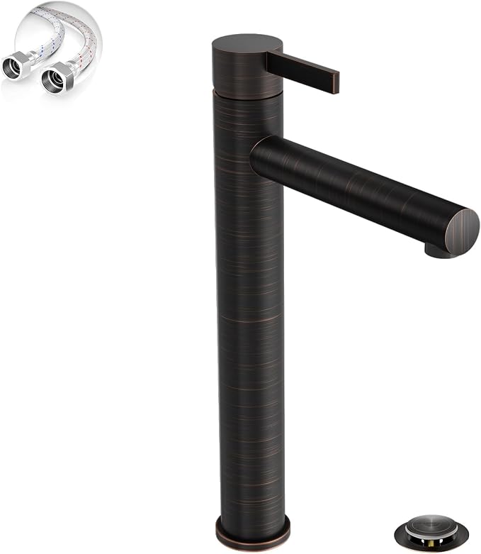 One Hole High Bathroom Vessel Sink Faucet, Oil Rubbed Bronze Single Hole Single Handle Tall Bathroom Faucet, with Pop Up Drain and Water Supply Line,FH01-ORB-V