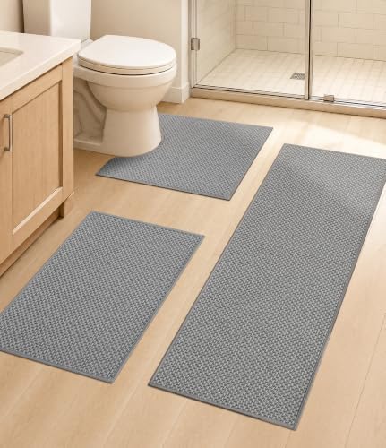 YIHOUSE Light Grey Bathroom Rugs Sets 3 Pieces,Thin Bath Mat Quick Dry