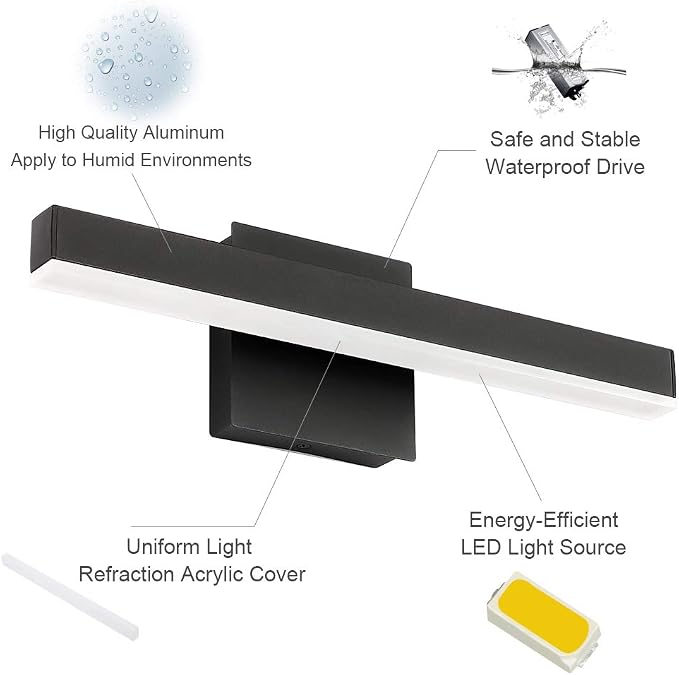 Aipsun 15.75 inch Modern Black Vanity Light LED Bathroom Vanity Light Fixtures Black Wall Light for Bathroom (White Light)