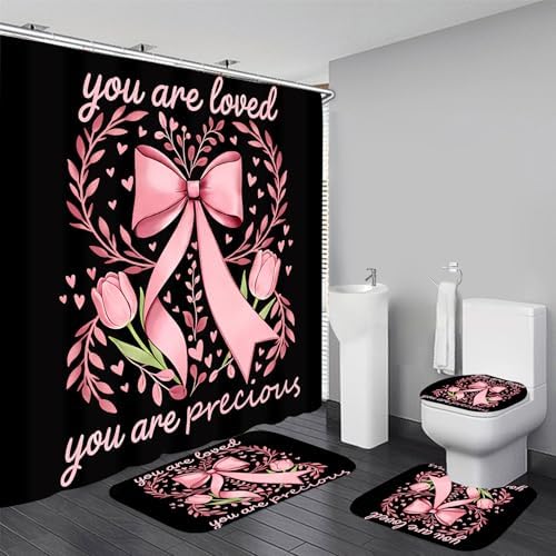 AZHM 4pcs Tulip Bow Bathroom Shower Curtain Set with Rugs and Accessories