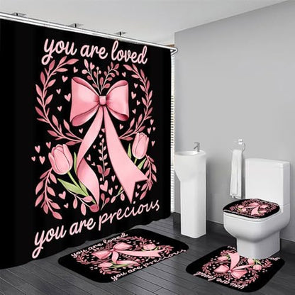 AZHM 4pcs Tulip Bow Bathroom Shower Curtain Set with Rugs and Accessories