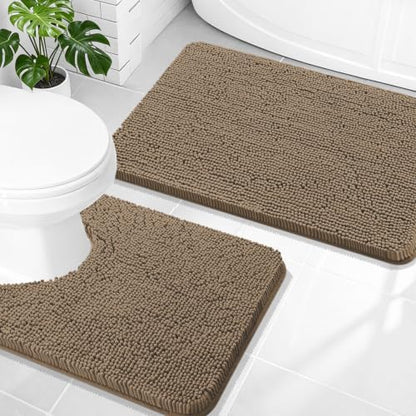 OLANLY Chenille Bathroom Rugs Mats Sets 2 Piece, 30"x20"+24"x20", Tan
