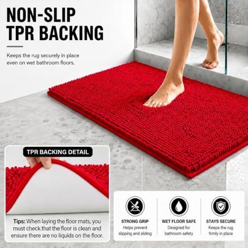 Bathroom Rugs Sets 2 Piece,Super Absorbent Soft,Thick,Machine Washable Chenille Bath Mat,Non Slip Toilet Floor Rug,Bath Mats for Bathroom,20x32 Plus 20x20 U Shape,Red