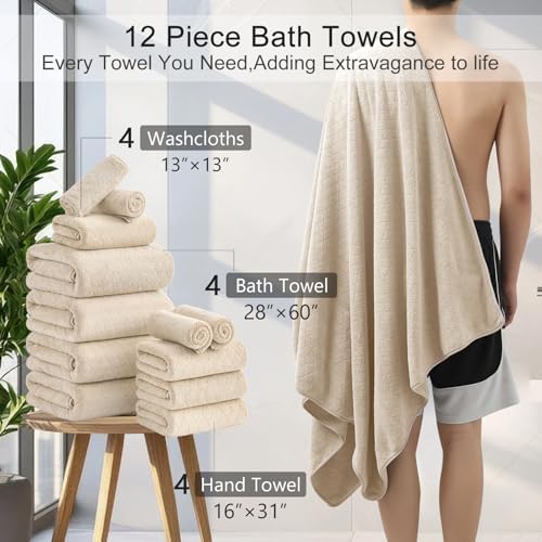 Luxury Bath Towels Set - 12 Piece (4 Large Bath Towels,4 Hand Towels,4 Washcloths), 100% Microfiber,Extra Absorbent Super Soft & Quick Dry,Complete Family Pack for Bathroom Gym Pool,Camel