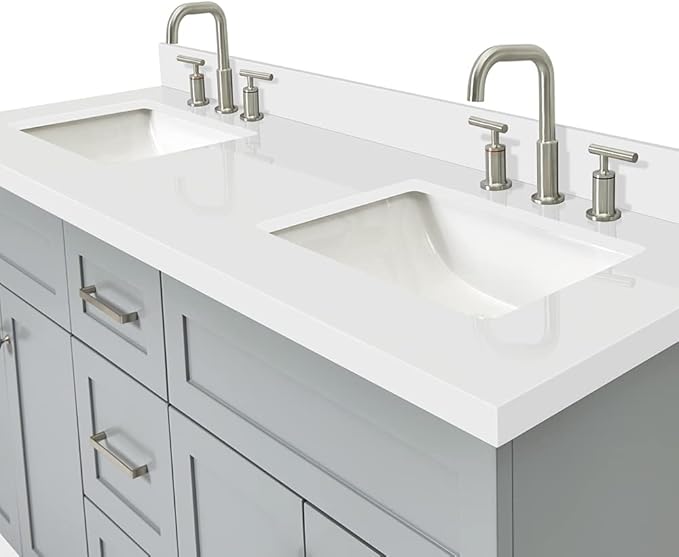 DKB Bradford 60" Grey Double Bathroom Vanity with 1.5" Pure White Quartz Countertop, Rectangular Undermount Sinks, 2 Soft Closing Doors, 3 Dovetail Drawers, Brushed Nickel