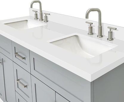 DKB Bradford 60" Grey Double Bathroom Vanity with 1.5" Pure White Quartz Countertop, Rectangular Undermount Sinks, 2 Soft Closing Doors, 3 Dovetail Drawers, Brushed Nickel