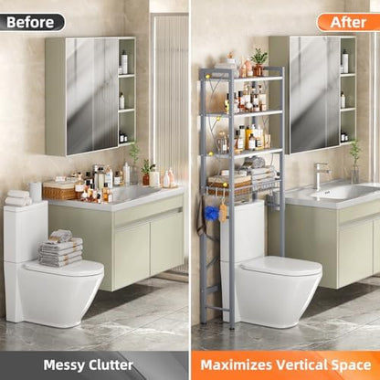 Over-The-Toilet Storage Rack, 4-Tier Bathroom Organizer Shelf Over Toilet with Adjustable Shelf and Basket, Freestanding Space Saver Bathroom Shelves Above Toilet for Room (Gray White)