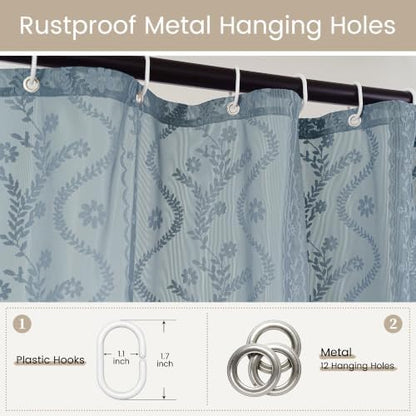 WAZZIO Slate Blue Lace Shower Curtain for Bathroom 72" W x 72" L, Victorian Farmhouse Floral Pattern Tassel Fancy Shower Curtain Boho Washable Cloth Decorative Bath Curtains,1 Panel