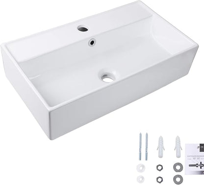 Wall Mount Rectangular Bathroom Sink, QISHKA 22"x12.4" Modern Ceramic Floating Vessel Sink, White Rectangle Vanity Sink with Overflow, Wall Hung Wash Hand Basin