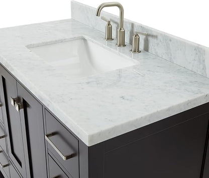 ARIEL Cambridge 42-inch Bathroom Vanity with Sink,Solid Wood, 1.5-inch Italian Carrara Marble Countertop, Single Rectangular Porcelain Sink, 2 Soft Closing Doors, 9 Dovetail Drawers, Espresso