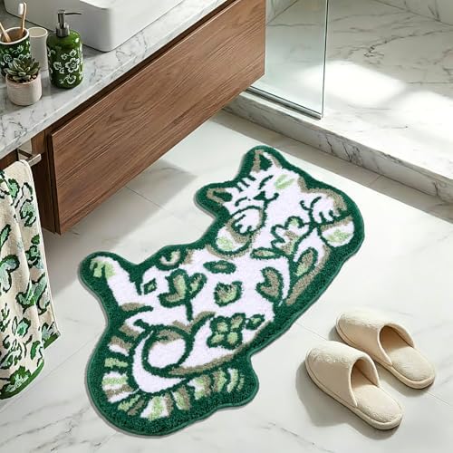 Cute Cat Bath Mat, Unique Green Small Fun Bathroom Rug
