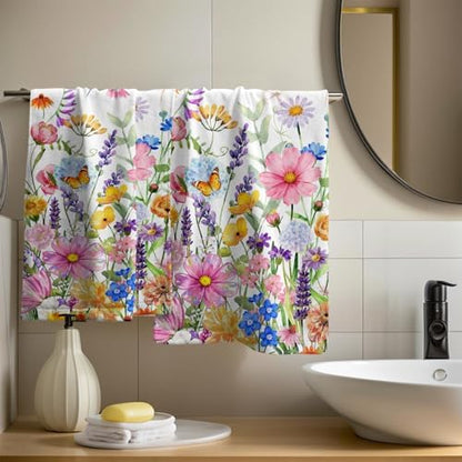 Spring Hand Towels Set of 2, Wildflowers Floral Butterfly Decorative Bathroom Towel 28x14 Inch, Soft Absorbent Microfiber Wash Cloth for Kitchen Gym Hotel Home Decor